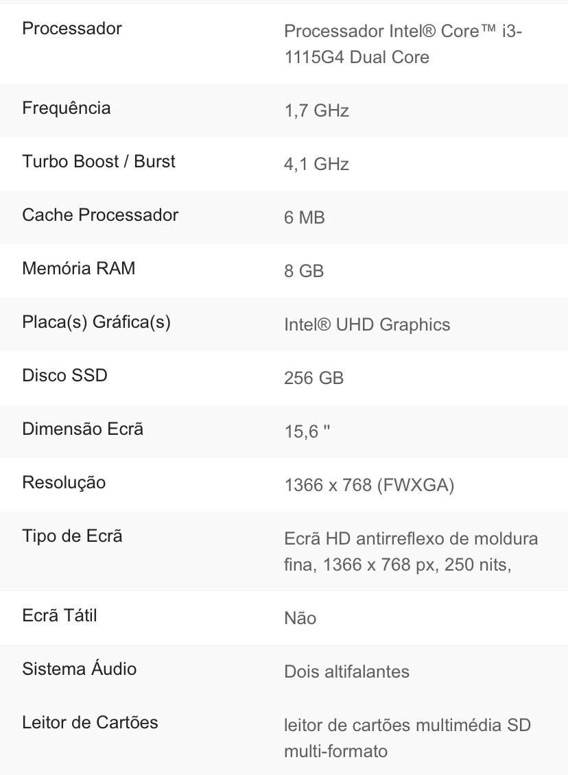 Computador PC Intel i3 1115G4 Dual Core | 15,6''| 8G Ram | 256G Disco