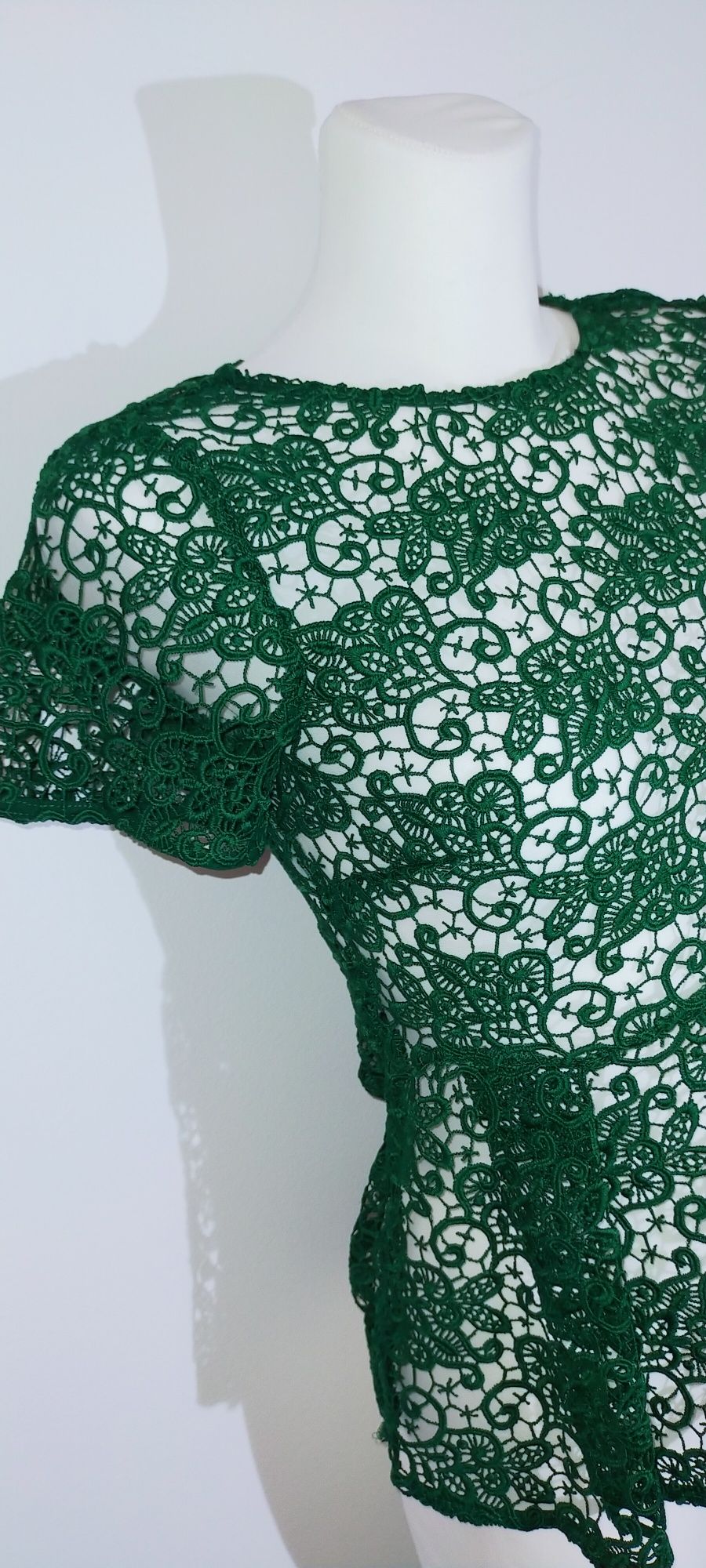 Bluzka elegancka baskinka koronkowa butelkowa zieleń 34 XS