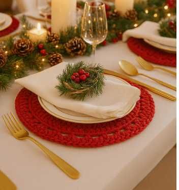 Marcador de prato em croché vermelho – decoração Natal