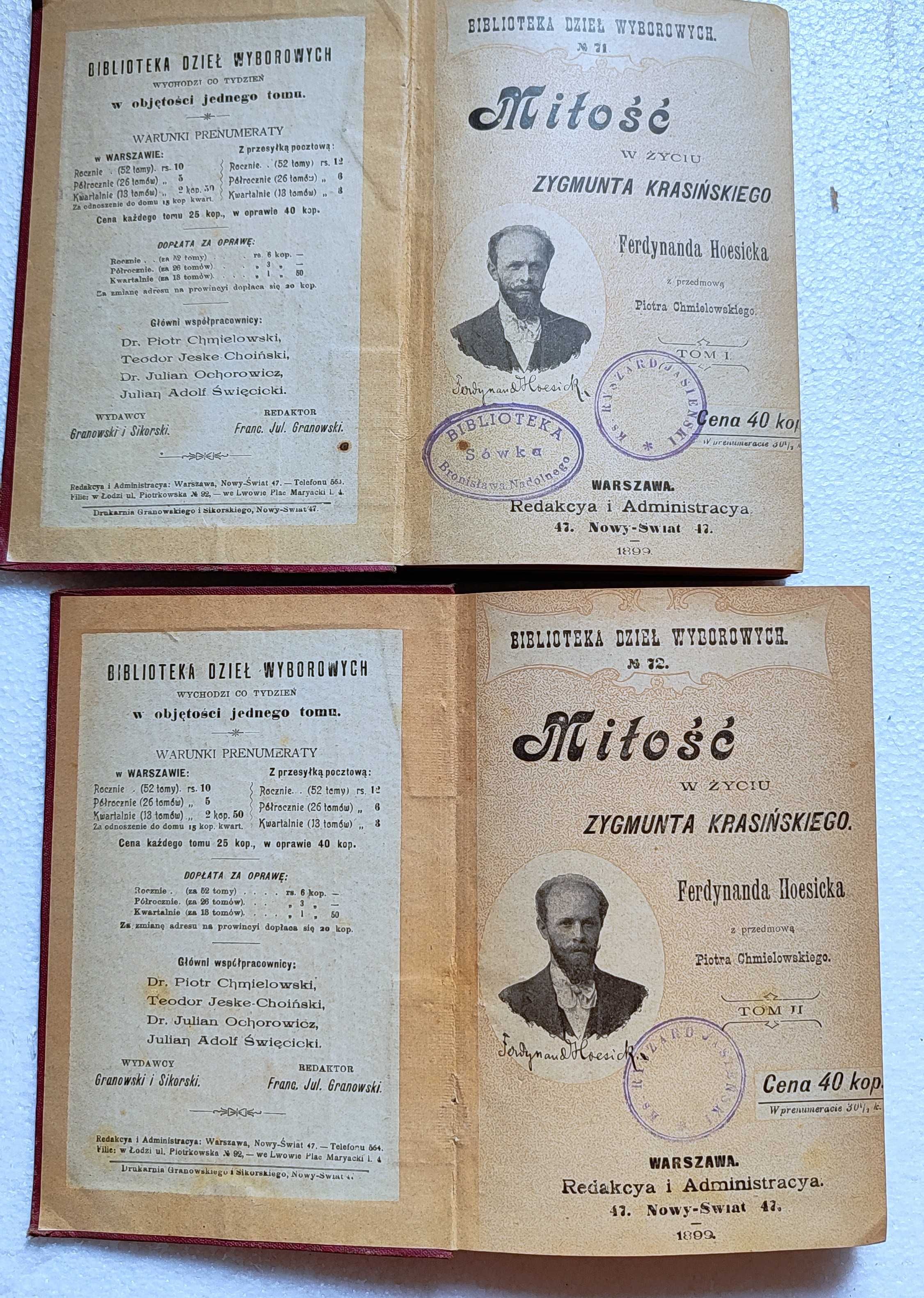 Miłość w życiu Zygmunta Krasińskiego. T. 1-2. F. Hoesick. Wyd 1899 r.