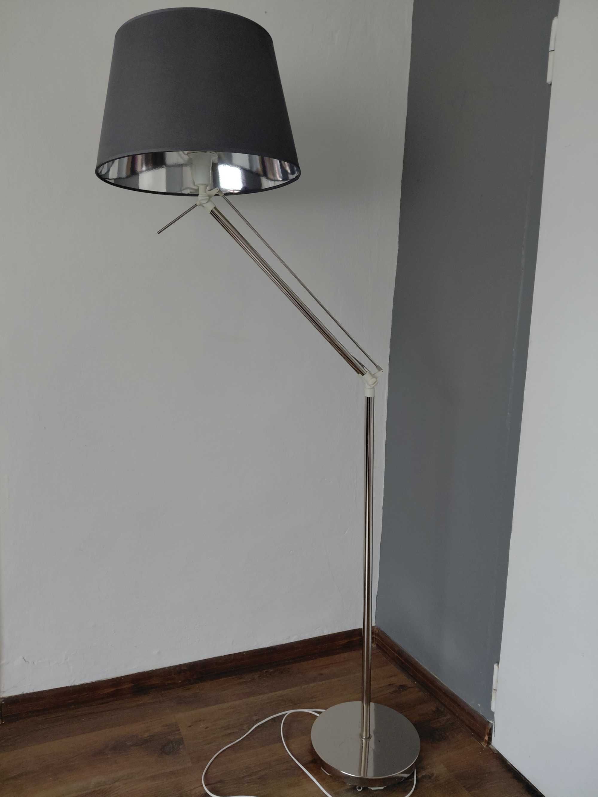 Lampa podłogowa, srebrna, szary klosz