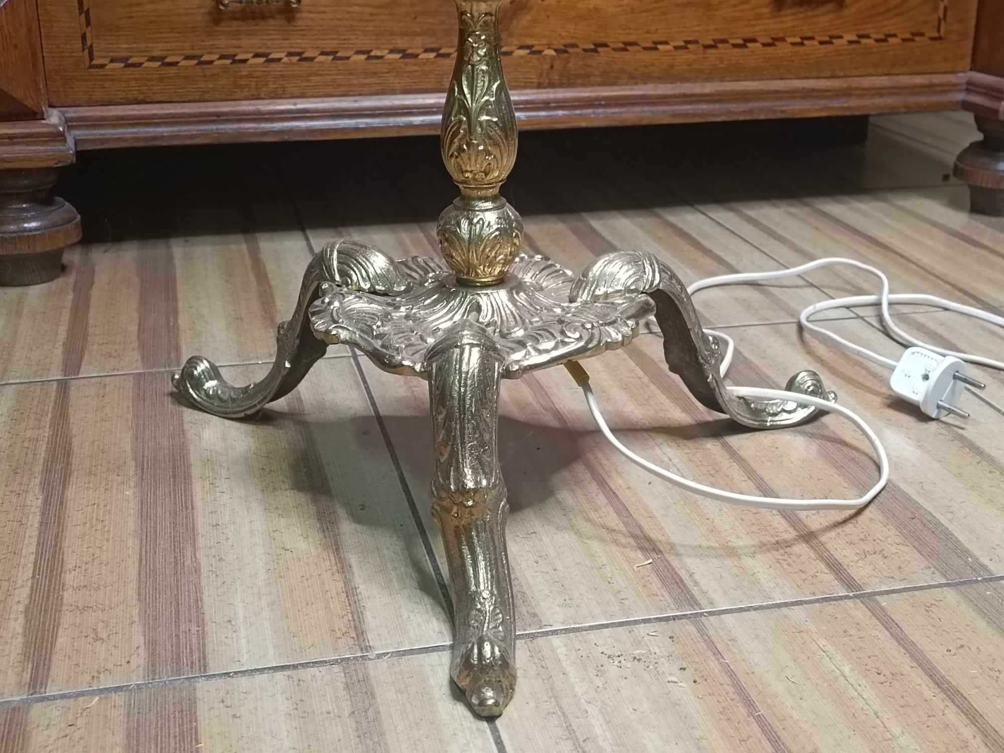 Lampa Stojąca Podłogowa Stylowa Antyk Złocona Rzeźbiona Mosiądz Abażur