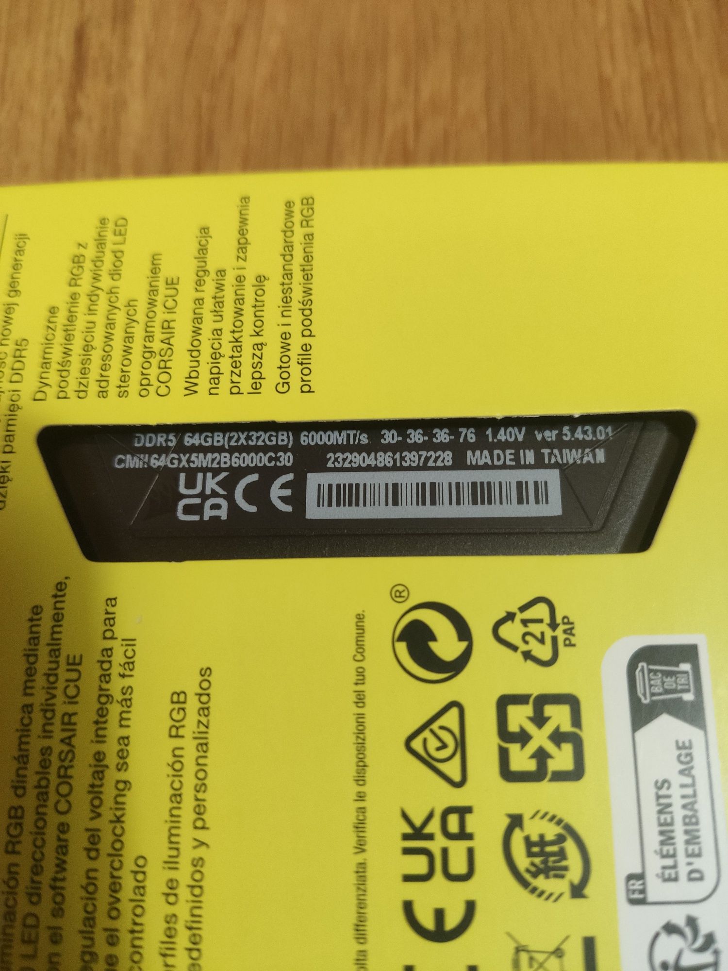 Corsair 64 GB (2x32GB) DDR5 6000 MHz Vengeance RGB(CMH64GX5M2B6000C30)