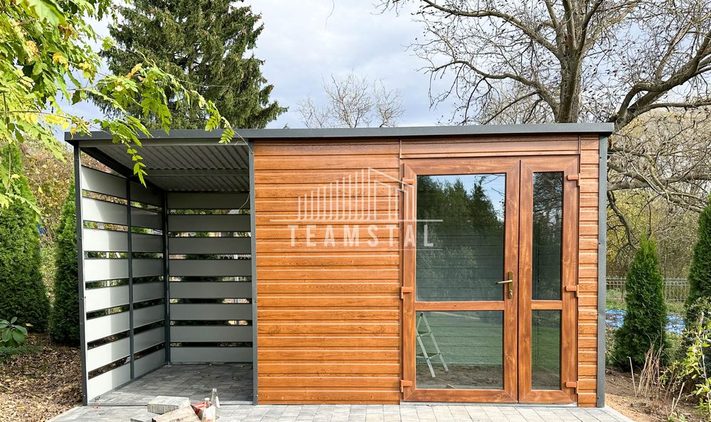 SCHOWEK - DOMEK OGRODOWY 2,5m x 2m + wiata 1,3m jasny orzech TS511