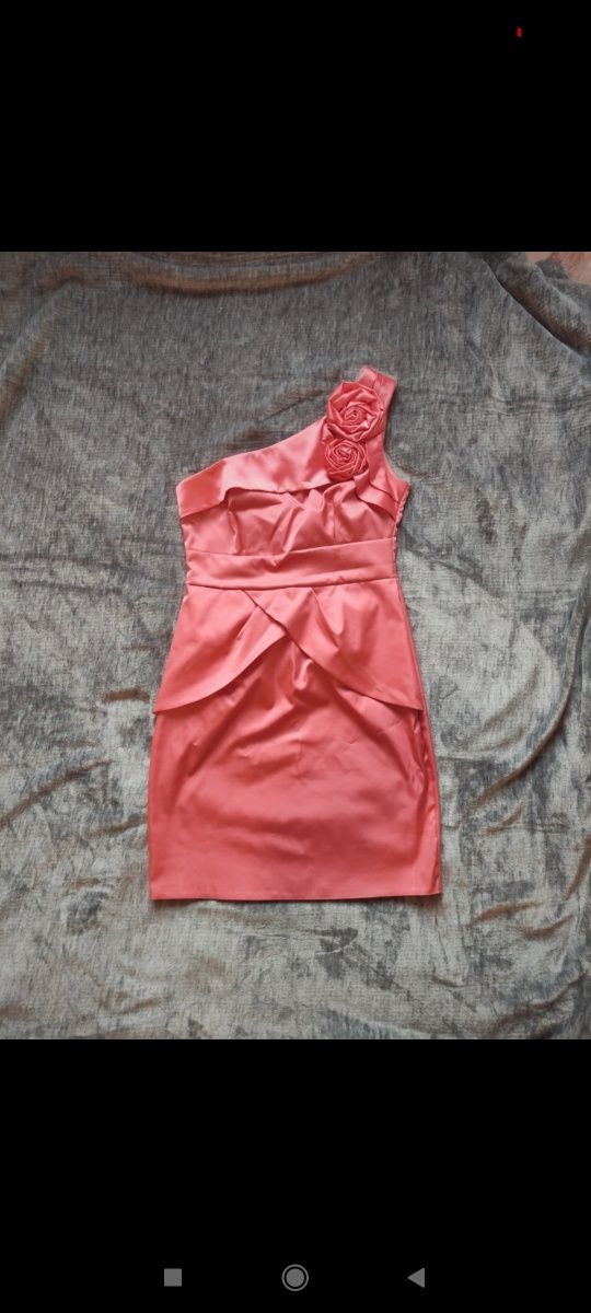 Krótka sukienka na wesele koktajlowa łososiowa różowa brzoskwiniowa