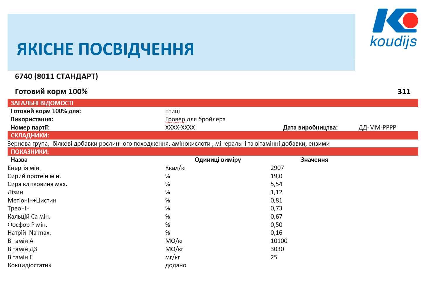 8011 Готовий комбікорм Гровер для бройлера з 10-го дня 100% Коудайс