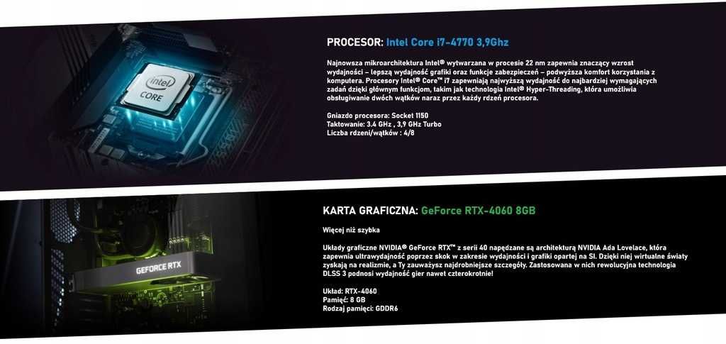 DO GIER RGB Intel i7 RTX-4060 32GB SSD 1TB W10/11 GAMINGOWY!