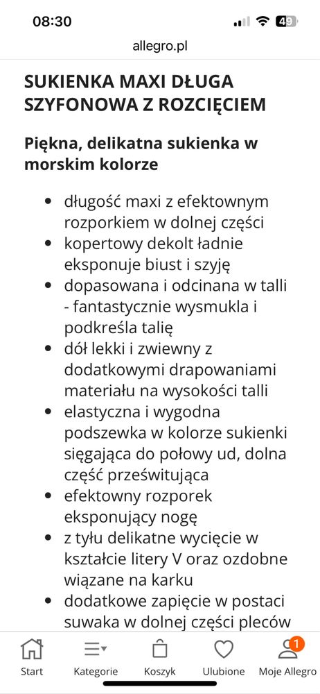 Sukienka morska Numoco z rozcięciem i dekoltem ma plecach. Rozmiar L