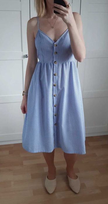 H&M letnia niebieska romantyczna sukienka midi retro  L