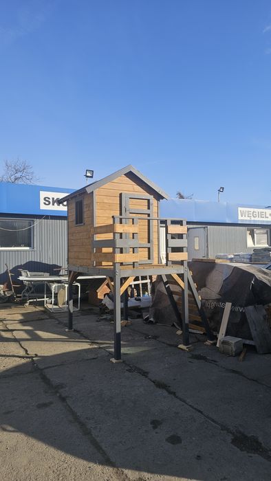 Drewniany domek dla dzieci + zjeżdżalnia – NOWY, ręcznie wykonany!
