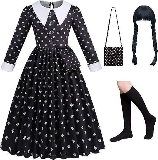 Czarna sukienka Wednesday Addams dla dziewczynek + dodatki 150Cm