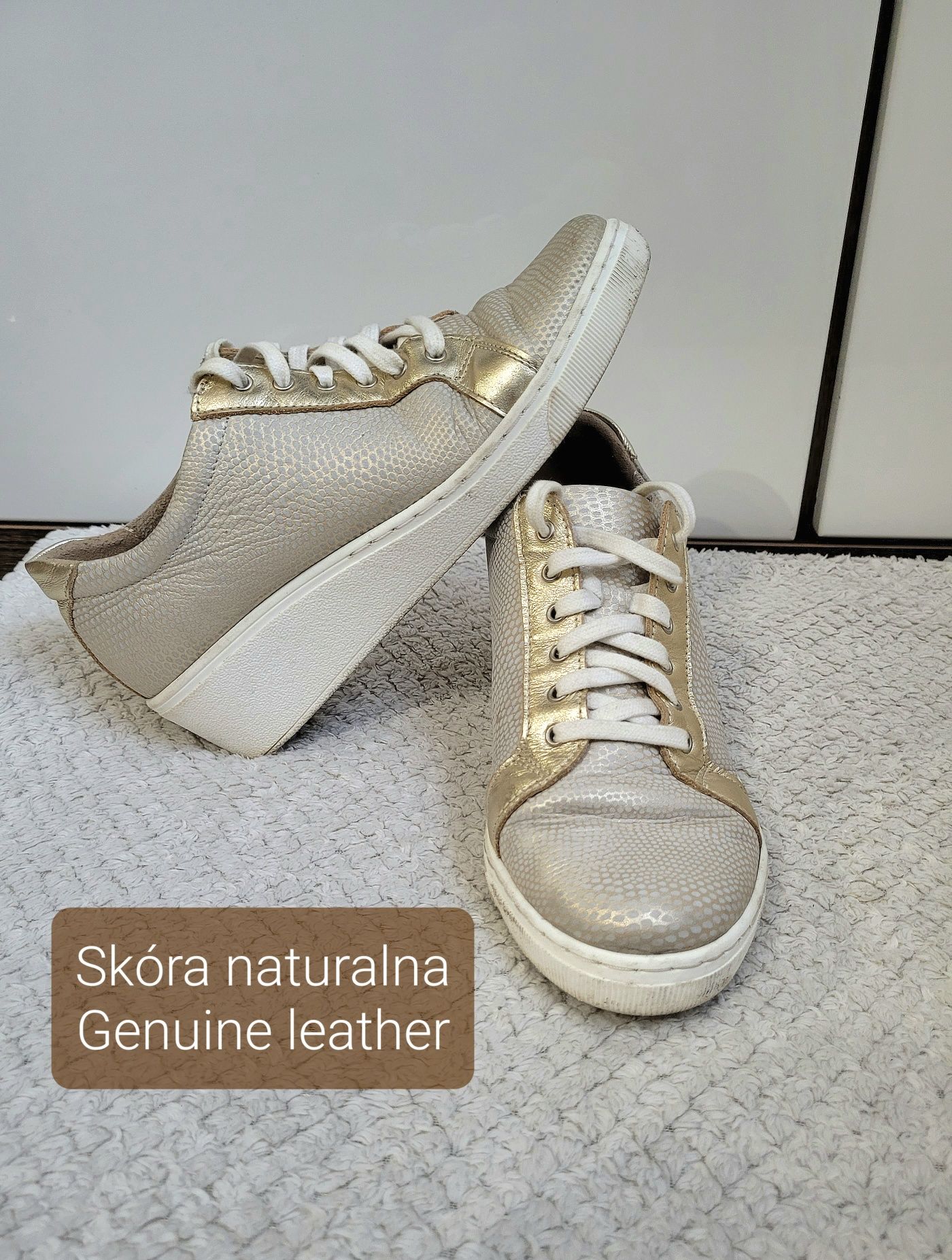 Skóra naturalna r. 38 adidasy półbuty sneakersy koturna złote srebrne