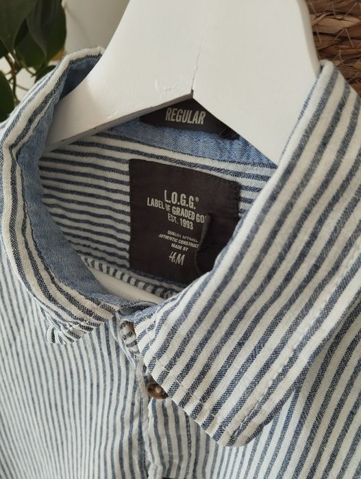 Wiosenna, letnia koszula w niebieskie prążki, krótki rękaw, kieszonka,