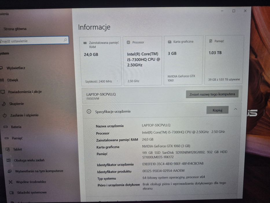 Laptop zestaw - Asus FX503v - i5/24GB/GTX 1060/SSD/M.2