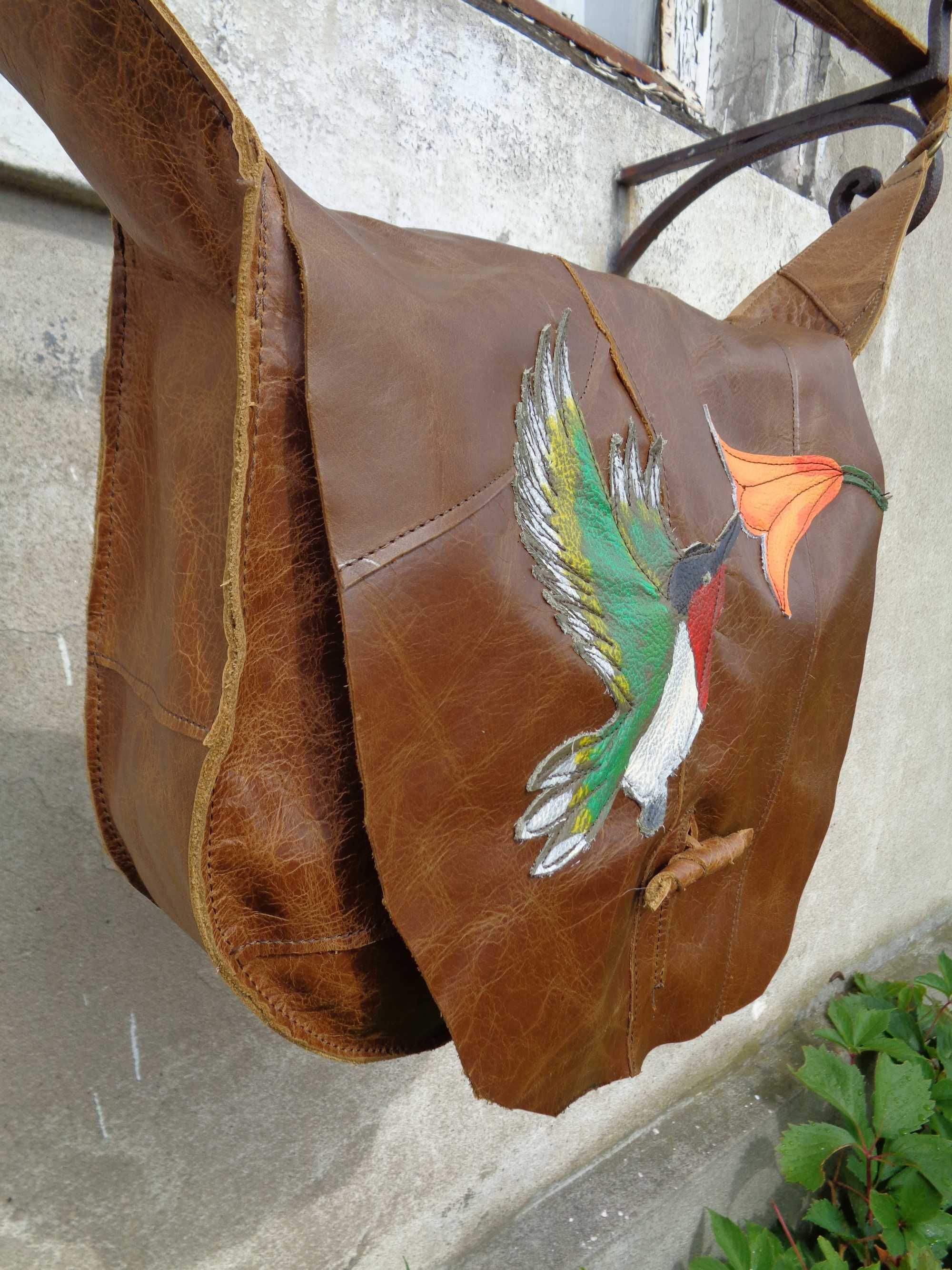 Artystyczna torebka skórzana z kolibrem.  Handmade