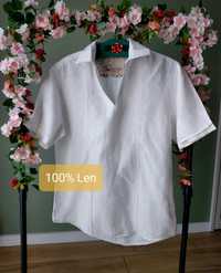 Lniana bluzka damska S/M  linen biała z kołnierzykiem 100% Len