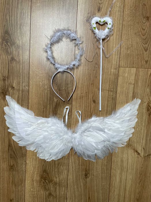 Białe skrzydła anioła zestaw na halloween z aureolą i różdżką