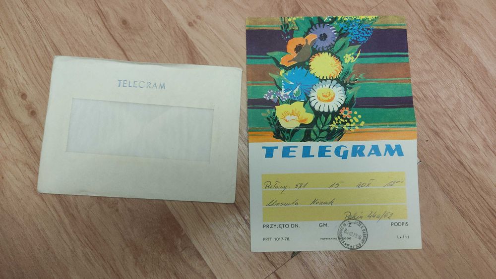 Telegram z kopertą, Pocztówka PRL.