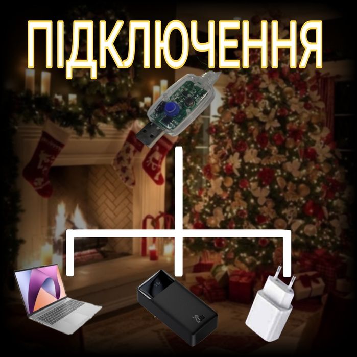 USB Гірлянда Мішура-Хвойна лапа 30,50,100 метрів на зеленому та прозор