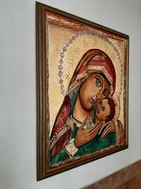Obraz Matka Boska z dzieciątkiem malowany na plotnie duzy Sygnowany