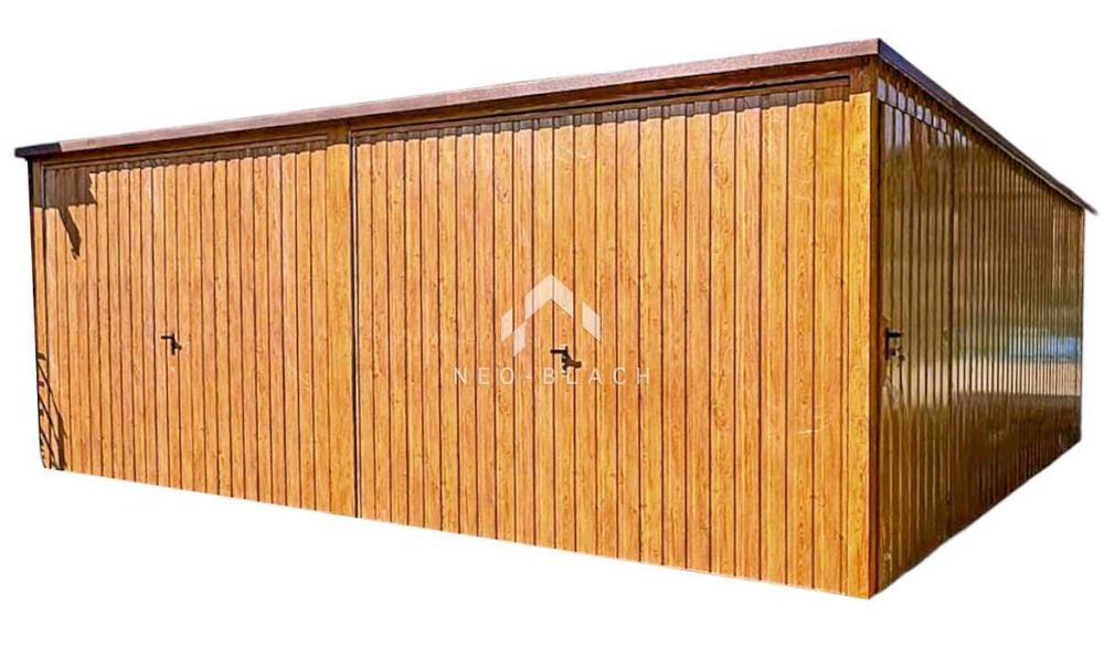 Garaż Blaszany 6X5M 2X Brama Uchylna Drzwi Złoty Dąb Dach Spad Nb196