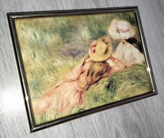 Obrazek w złotej ramce vintage retro widoczek natura dwie kobiety damy