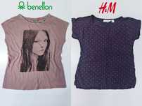 Bluzka XS 34 S 36 BENETTON koraliki brąz T-shirt H&M fiolet krótki ręk