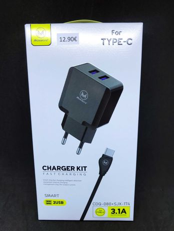 Carregador Fast Charging 2 USB (3.1A) com cabo carregador Type-C/USB-C
