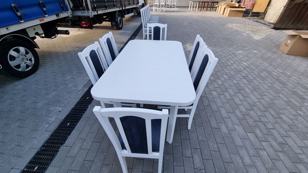 Nowe: Stół rozkładany + 6 krzeseł, biały + metaliczny granatowy