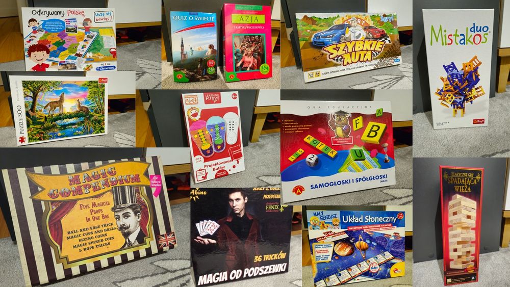 Zestaw 12 gier edukacyjnych, quizów, puzzli i zestawów magicznych
