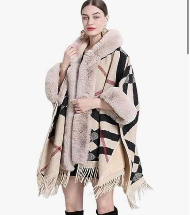 Zimowe ocieplane ponczo narzutka kurtka z futerkiem