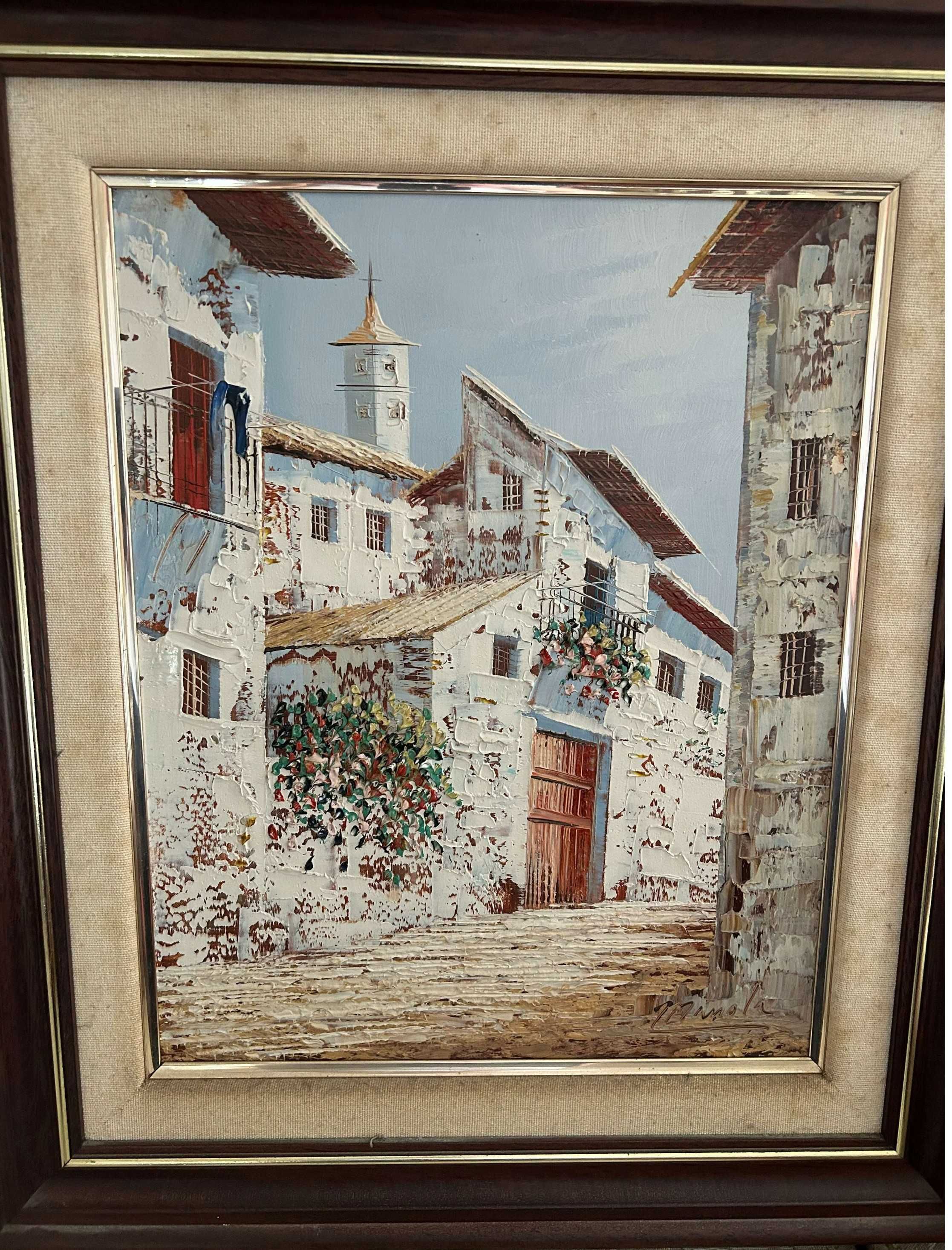 Conjunto de três pinturas a óleo, com molduras douradas .
