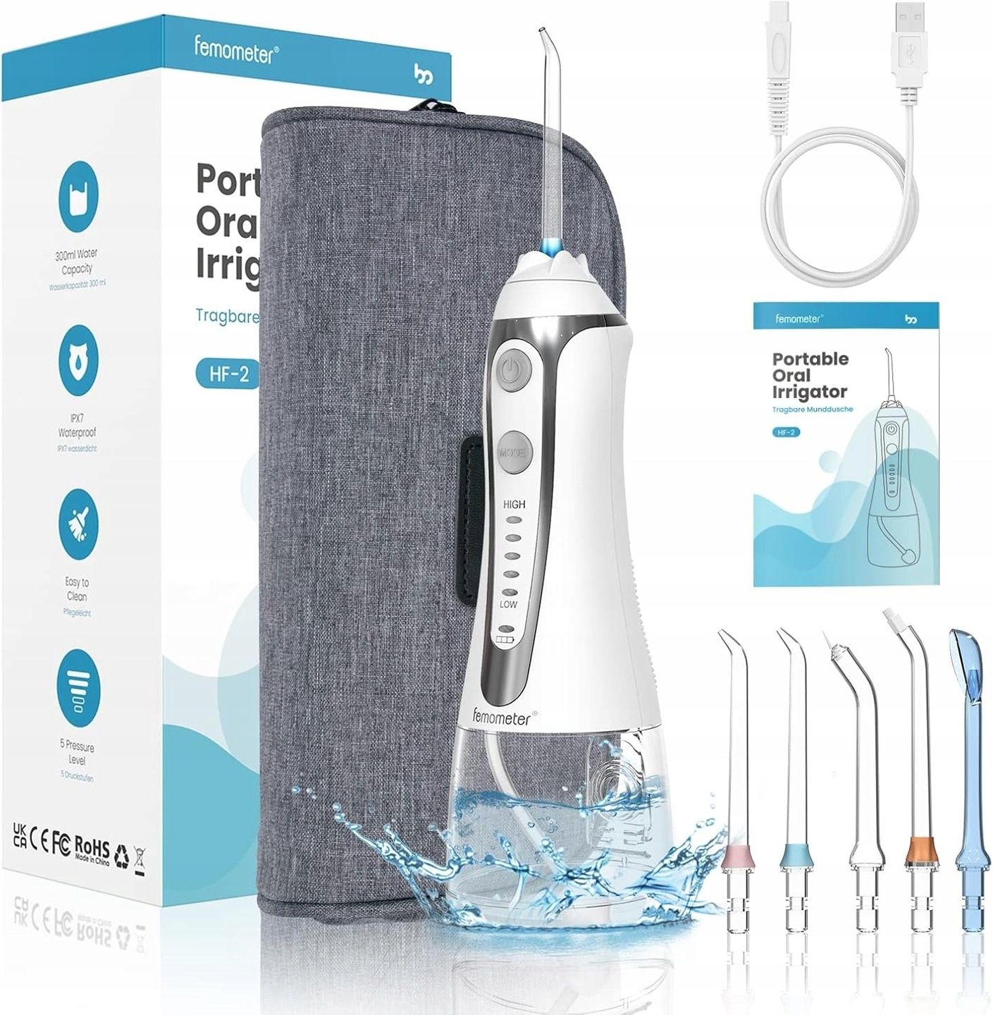 Femometer Bezprzewodowy Irygator do Jamy Ustnej 5 Trybów 300ml IPX7