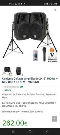 Conjunto Colunas Amplificado 2×15″ 1000W  VSOUND