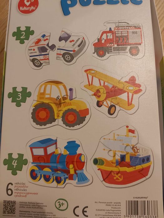 Puzzle 4 elementowe pojazdy "Mama maluje" x2 szt +puzzle drewniane