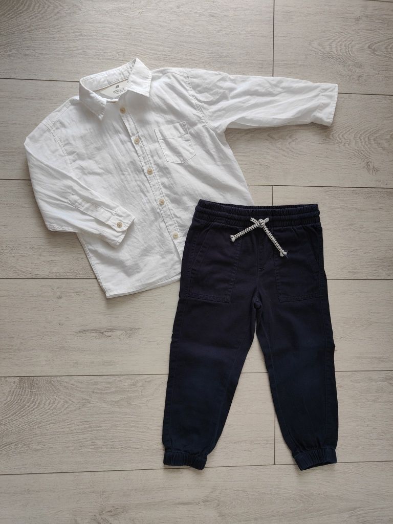 H&M 98 koszula biała lniana spodnie bawełniane granatowe joggery pull