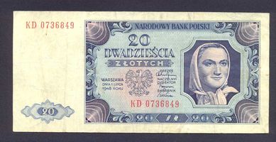 Banknot Polska 20 zł z 1948 r Ładny stan