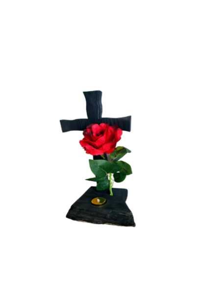 Stroiki drewniany krzyż na grób i cmentarz stroik kompozycja z różą XL