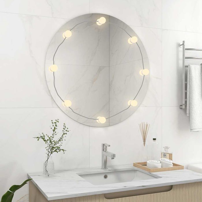 Vidaxl Lustro Ścienne Z Lampkami Led, Bez Ramy, Okrągłe, Szklane