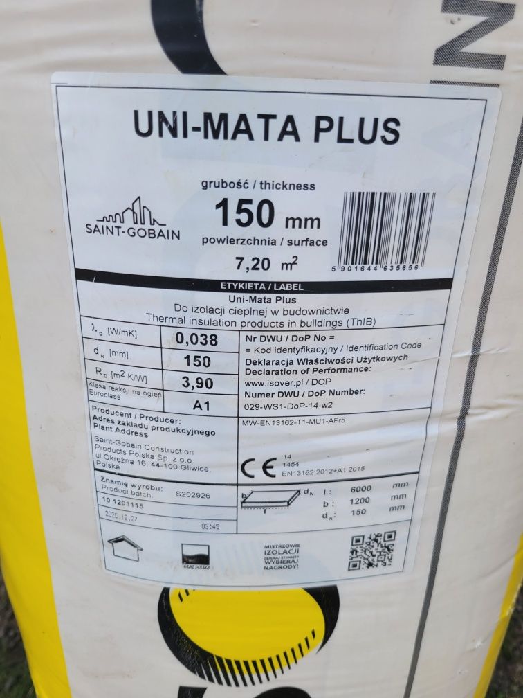 Wełna  Isover Uni Mata Plus gr 20cm 38lambda dwie rolki