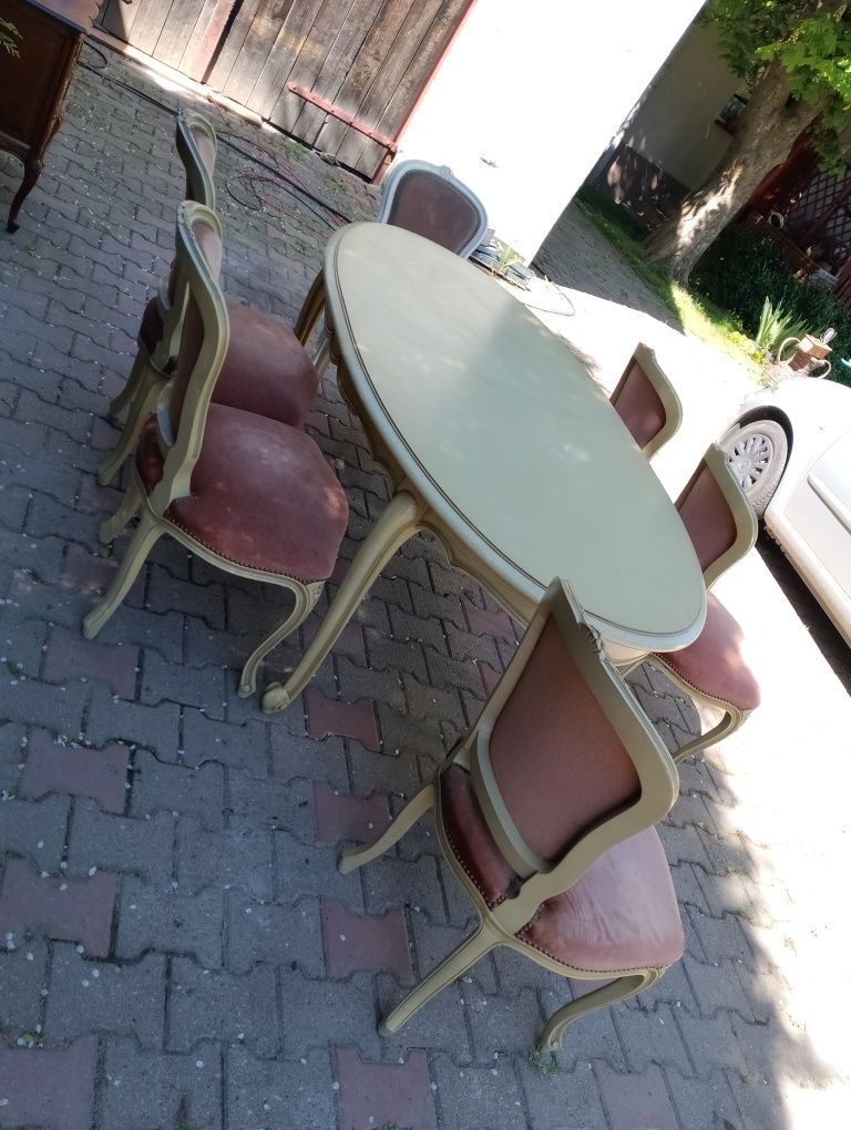 Piękny stylowy stół rozkładany +6 krzeseł ecru  ludwik dębowy