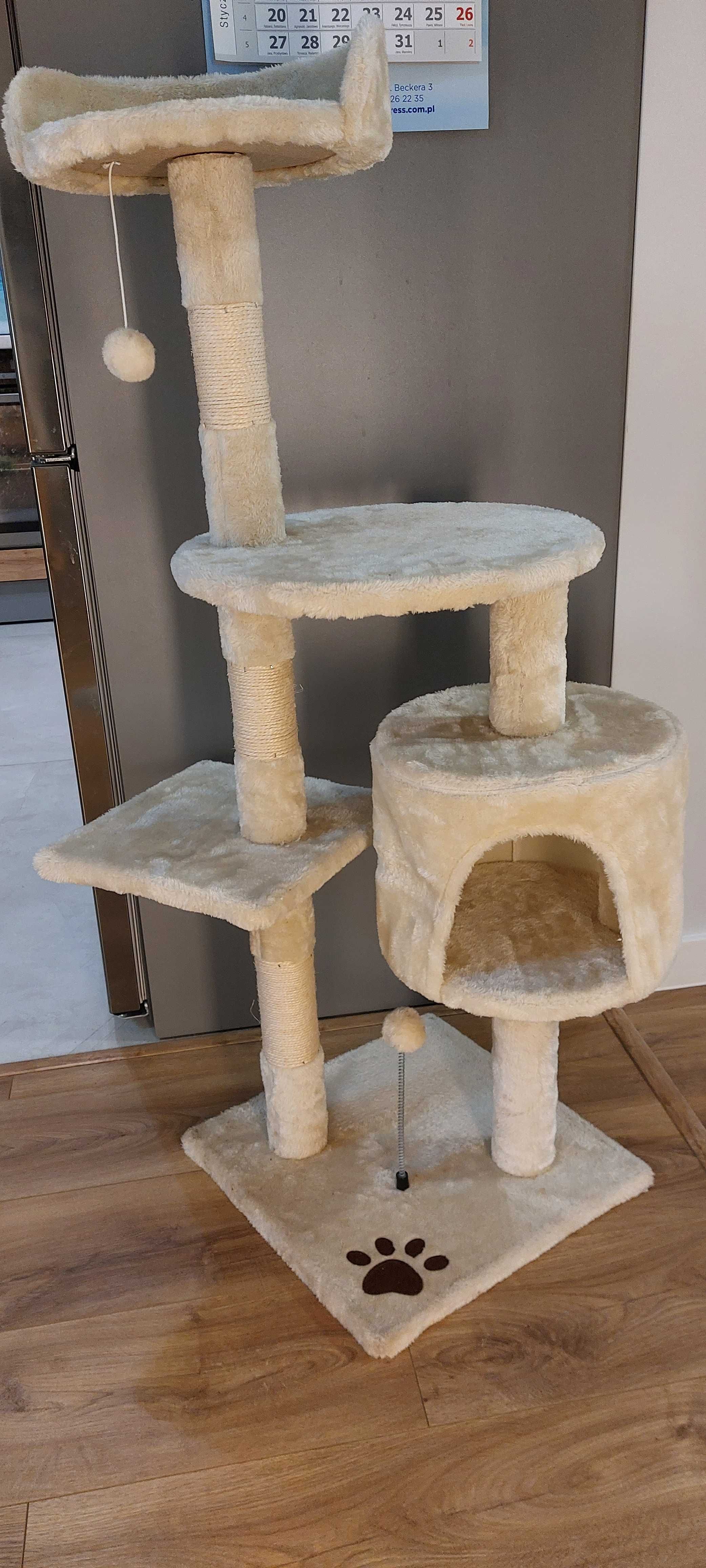 Nowy Drapak dla Kota  Beżowy 116cm, 5 Poziomów, Domek, Wieża,Piłeczki