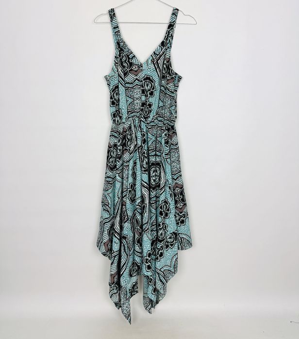 Niebieska asymetryczna sukienka na ramiączkach w ornament S 36 H&M