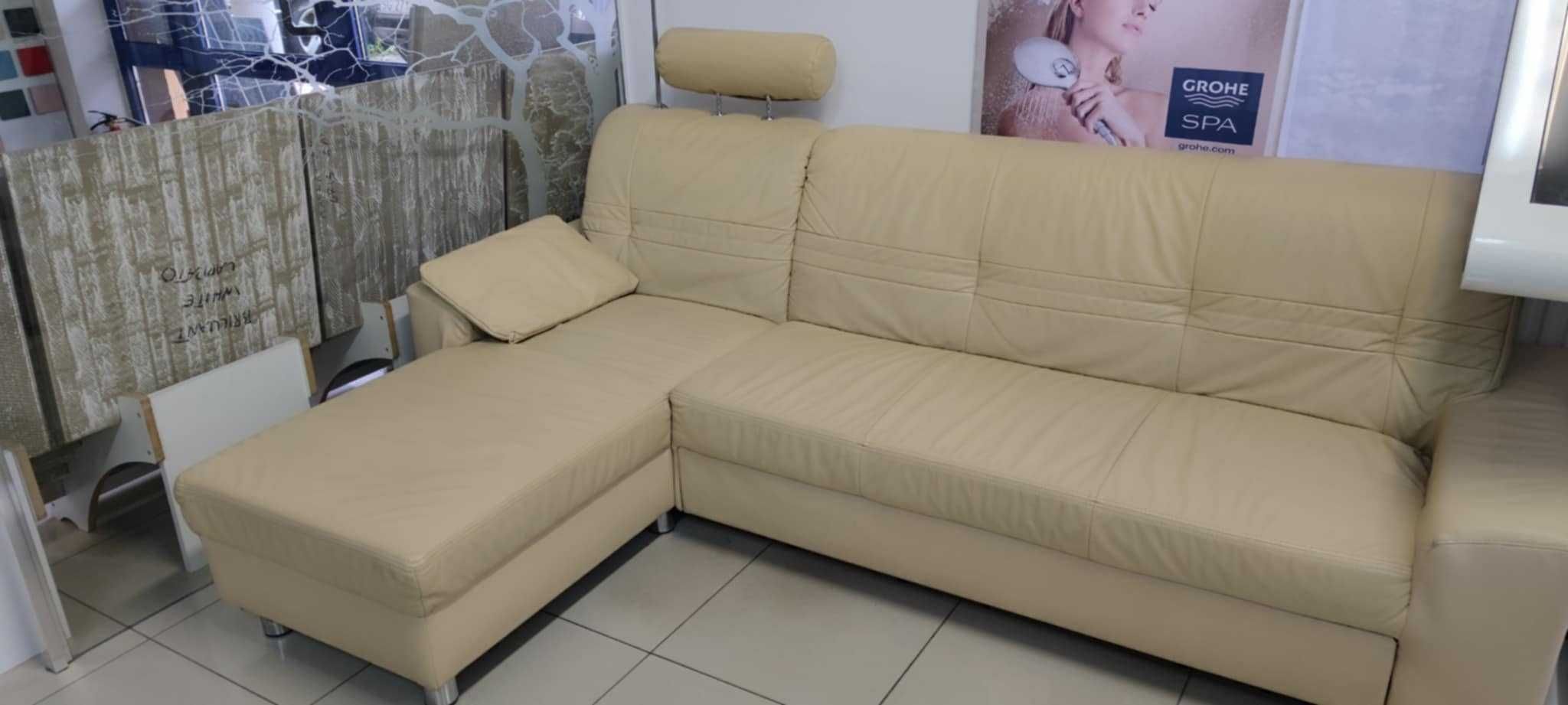 Narożnik rozkładany beżowy skóra naturalna + lampa, zagłówek, poduszka
