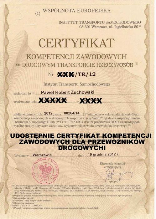 Użyczę Certyfikatu kompetencji zawodowych, transport rzeczy, CKZ