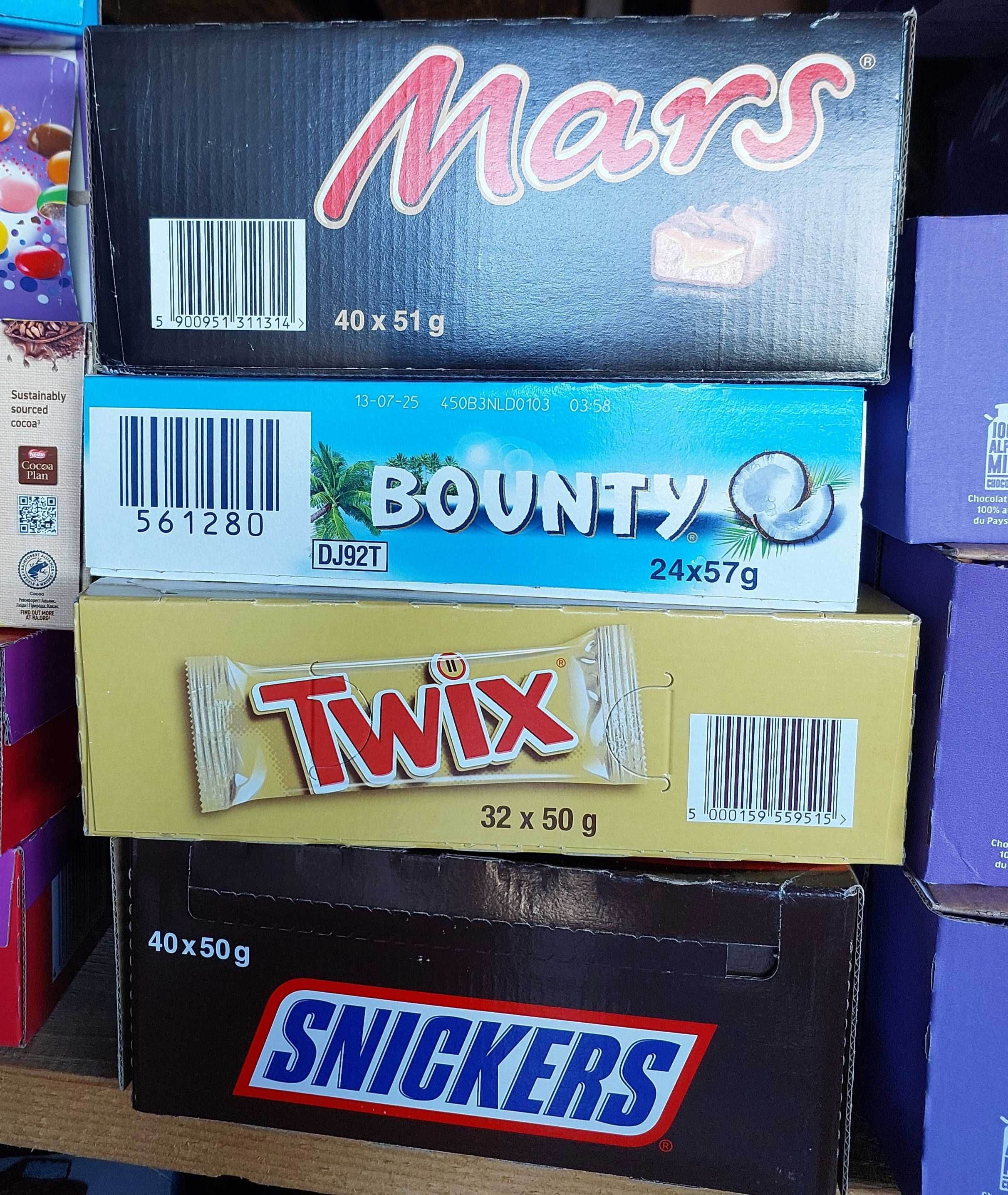 Батончики Сникерс, Марс, Твикс, Баунти, (SNICKERS, Twix, Bounty, Mars)