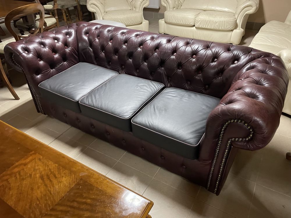 Komplet Wypoczynkowy Skórzany Skóra Chesterfield Londyn Angielski
