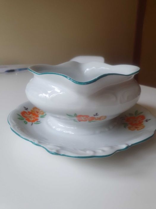 Sosjerka stary zestaw z pomarańczowym kwiatkiem PRL WAWEL