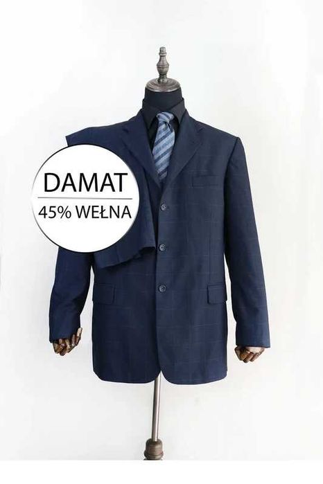 Garnitur męski granatowy krata Damar wełniany XL spodnie marynarka