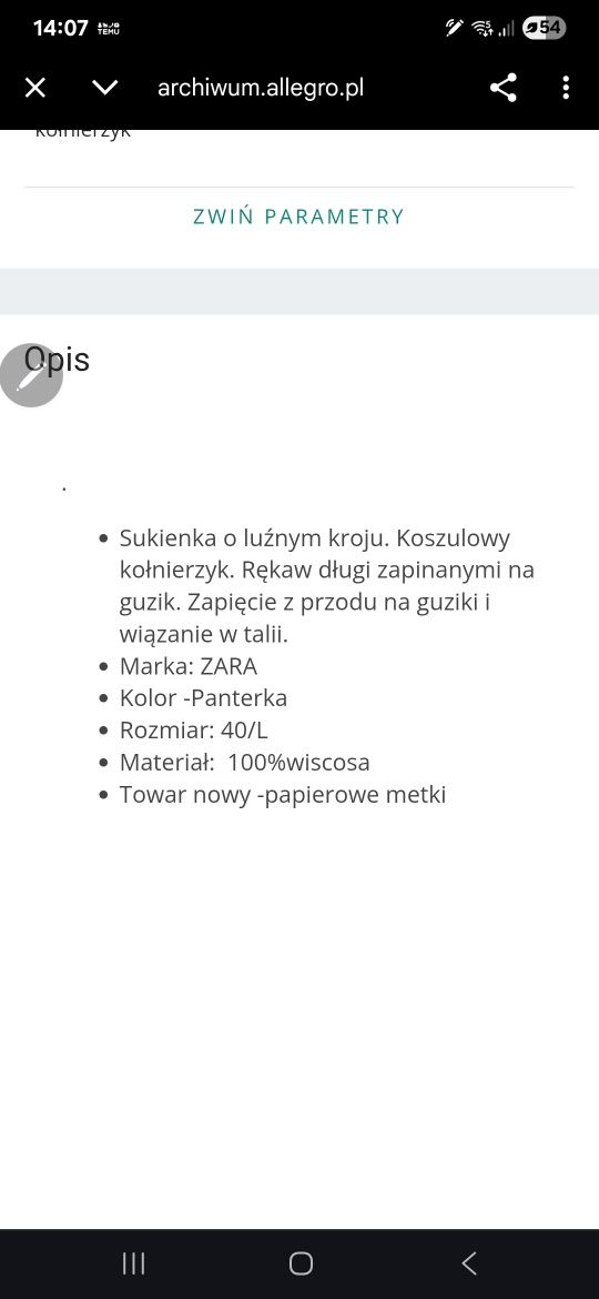 Sukienka midi Zara 44 xxl długi rękaw viscose print koszulowa pantera